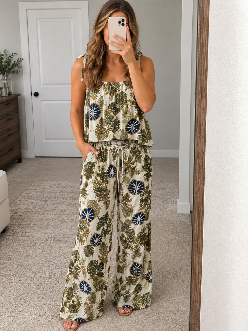Rewash Olive & Navy Leaf Print Wide-Leg Pants only
